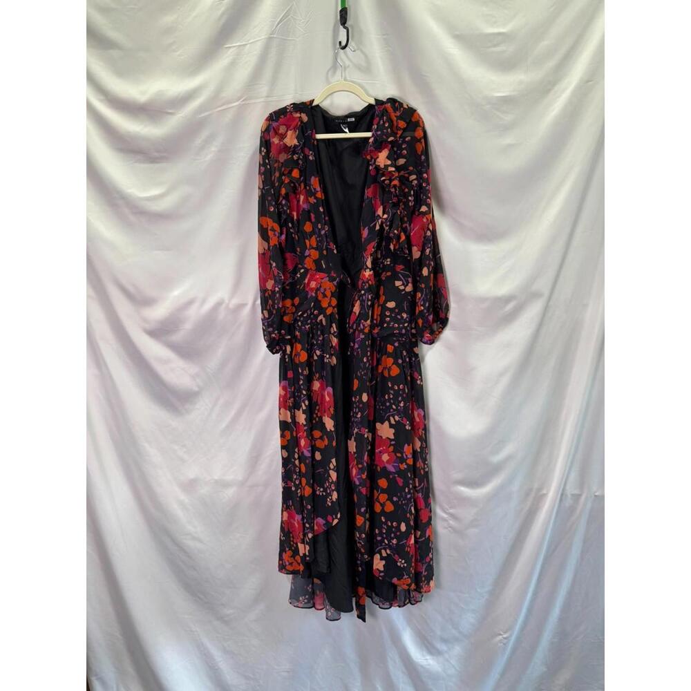 Slate & Willow Black Floral Midi Wrap Dress Size M with Fabric Pull - Picture 4 of 9